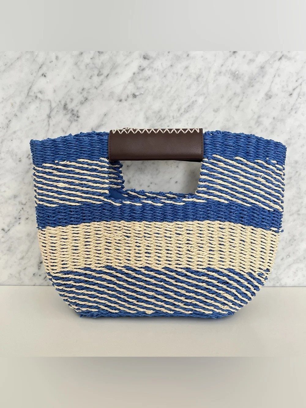 NEW Scoop NYC Woven Straw Bag Blue Natural Lined Nautical Resort Summer Beach